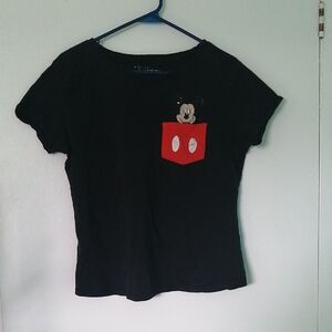 Disney Black Tee W Mickey Face Coming Out Of Breast Pocket
